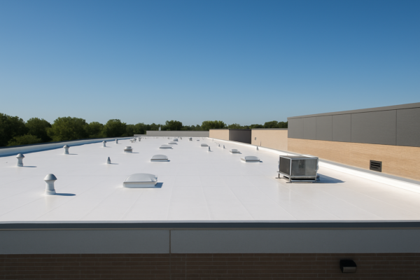 A panoramic view of a large commercial building with a newly maintained flat roof under clear blue skies
