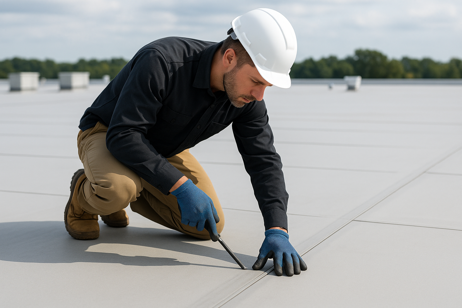 A professional roofer conducting a detailed inspection on a large commercial roof, focusing on seams and joints