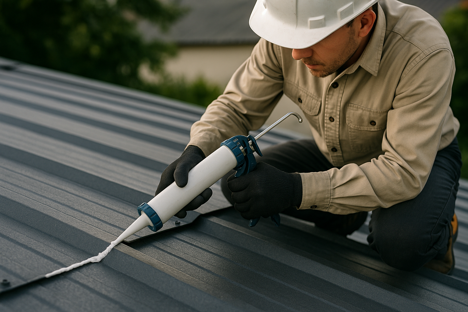 Close-up of a roofer applying waterproof sealant to a metal roof in preparation for upcoming rain season