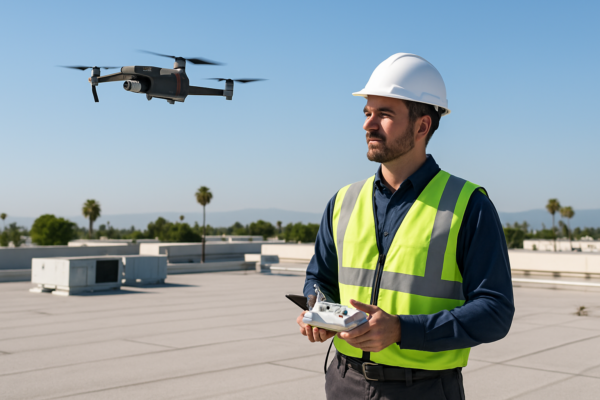 A professional roofer inspecting a large commercial flat roof using a drone on a clear California day
