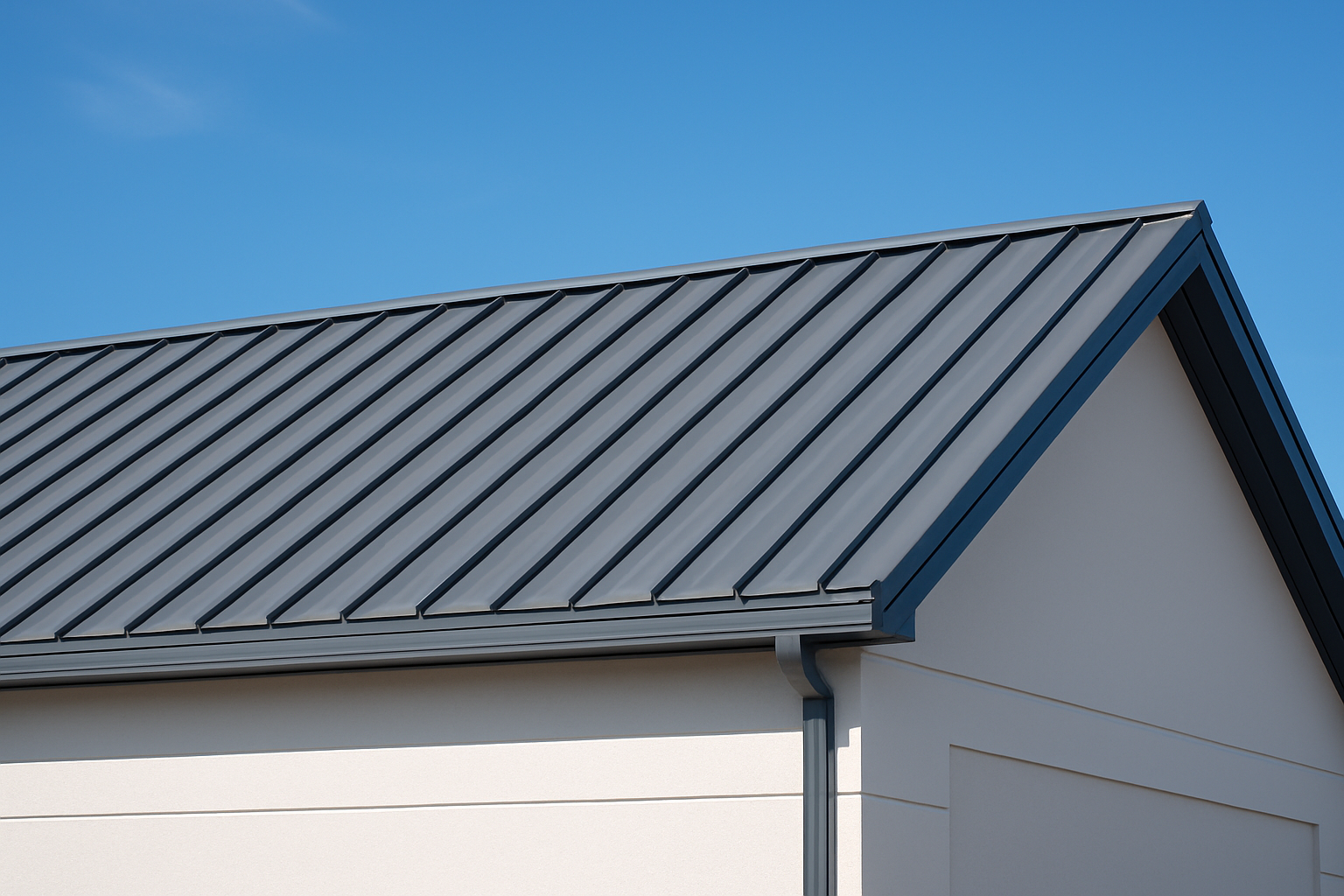 Close-up of a clean and well-maintained metal roof on a commercial building under a bright blue sky