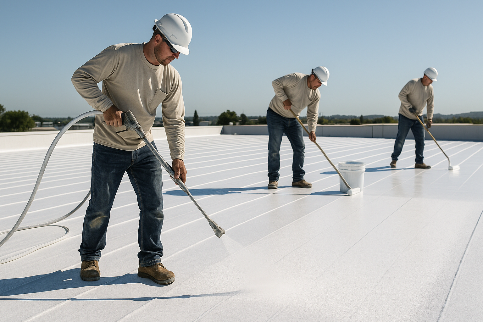 A team of professional roofers applying a protective coating on a large commercial roof under a clear sky