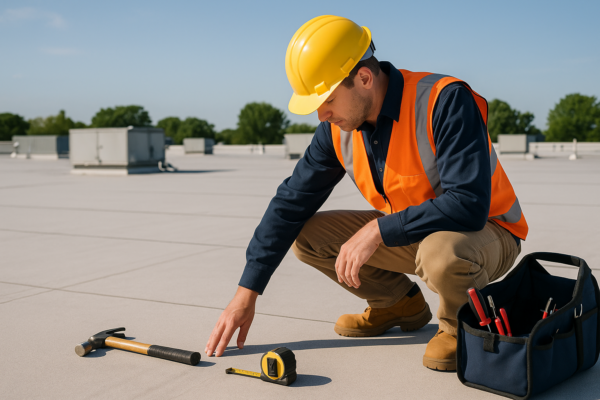 A professional roofer inspecting a large commercial roof with various tools on a sunny day