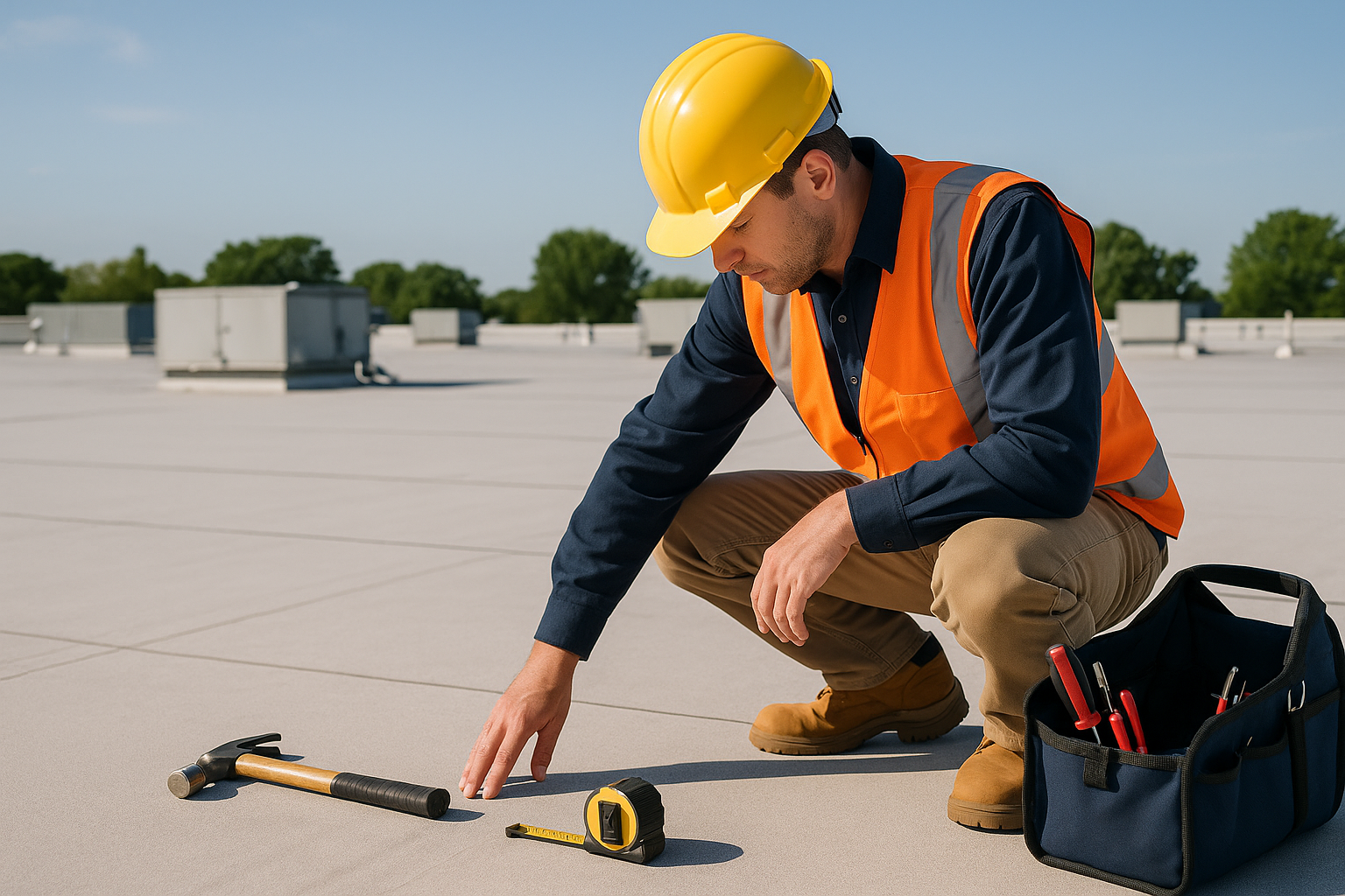 A professional roofer inspecting a large commercial roof with various tools on a sunny day