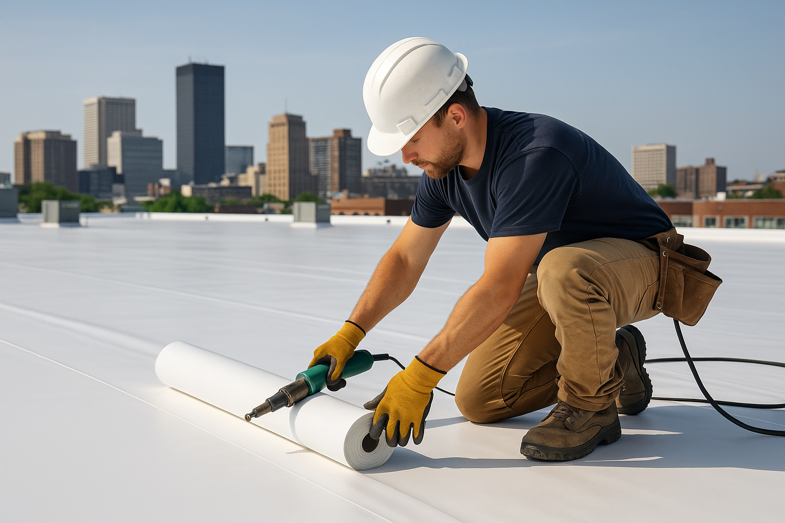 Roofer applying a new membrane over a large commercial flat roof with a backdrop of city buildings