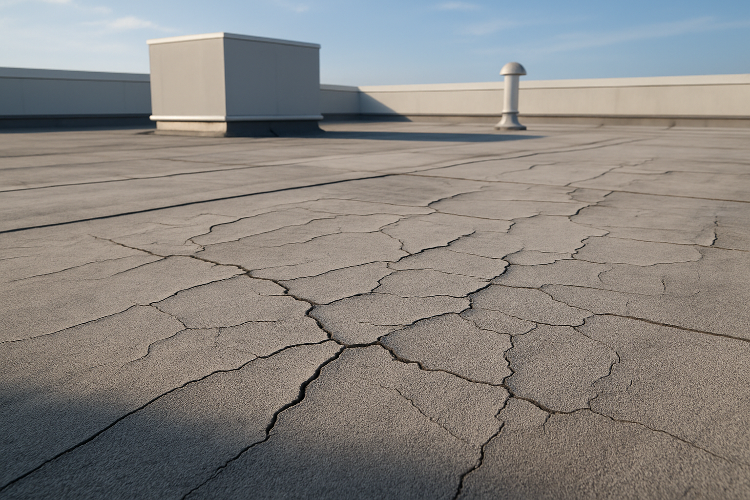 Close-up of a commercial roof with visible sun damage and cracks on the surface