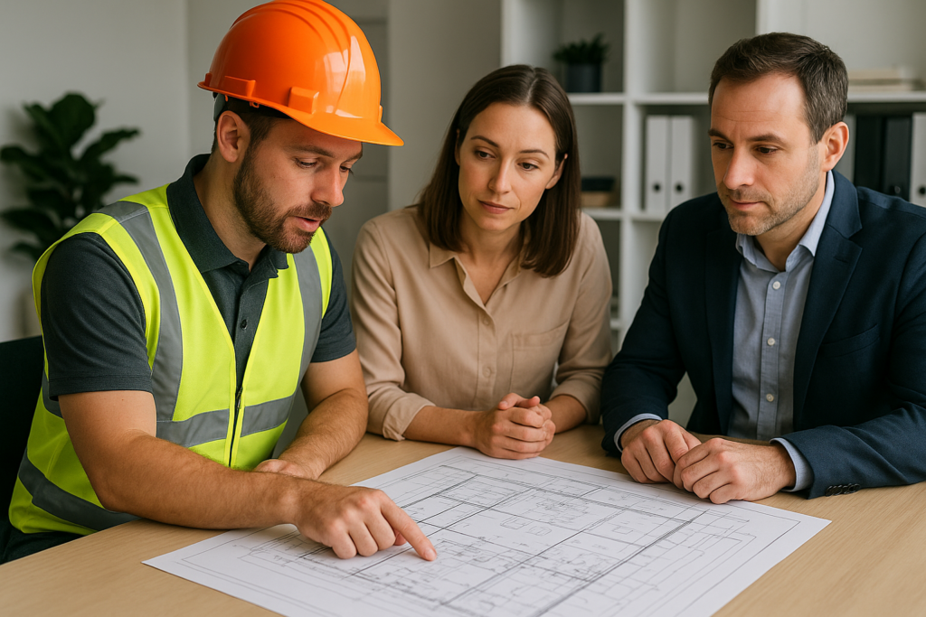 A roofing contractor reviewing a detailed commercial roofing plan with clients in an office setting