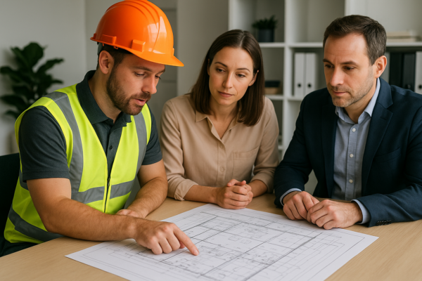 A roofing contractor reviewing a detailed commercial roofing plan with clients in an office setting