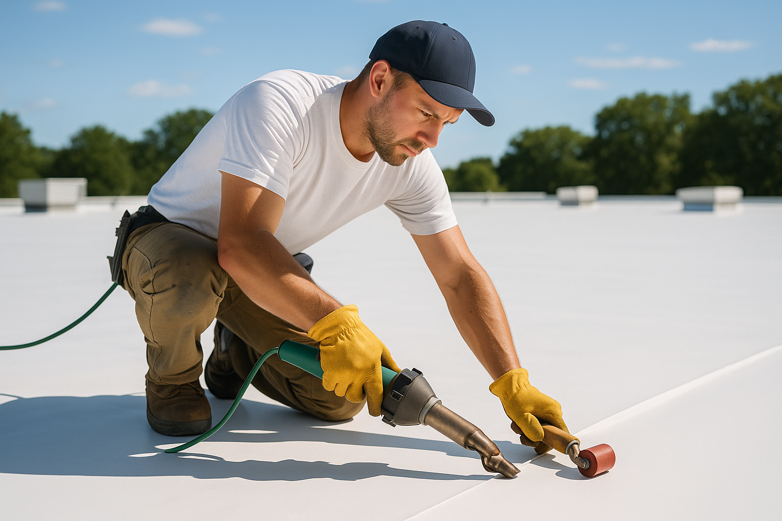 A professional roofer installing TPO membrane on a flat commercial roof on a sunny day