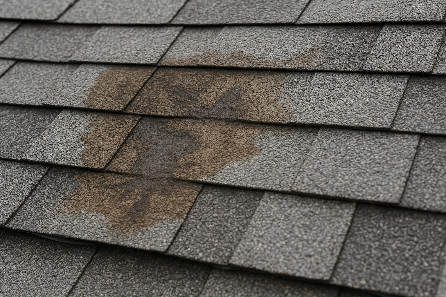 Close-up of damaged asphalt shingles with visible water staining and curling edges