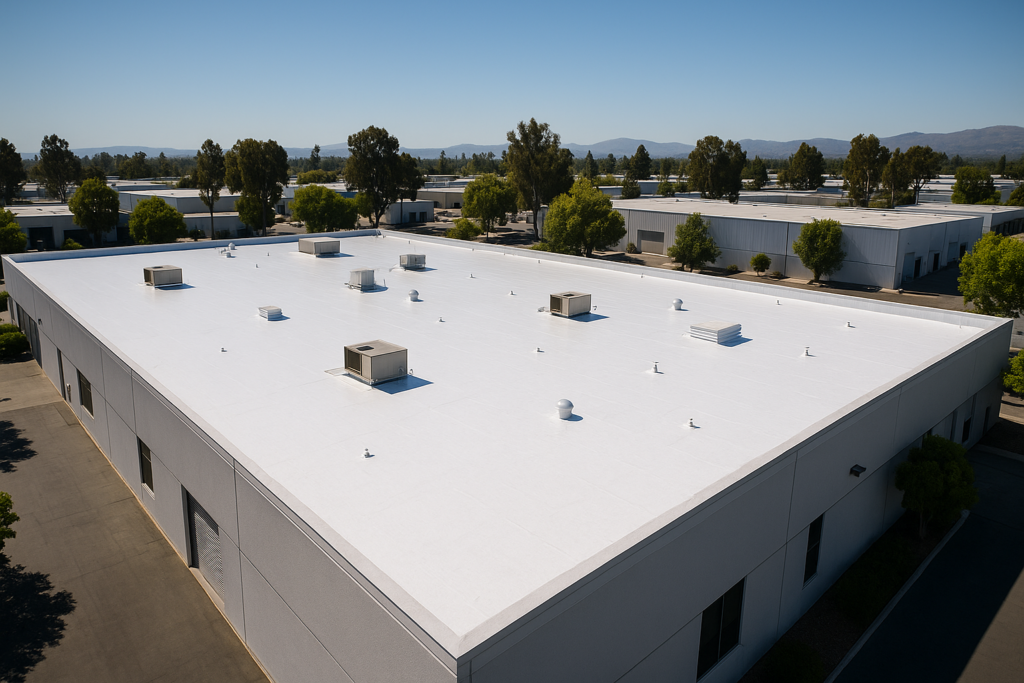 Aerial view of a large commercial building with a white reflective roof under the California sun