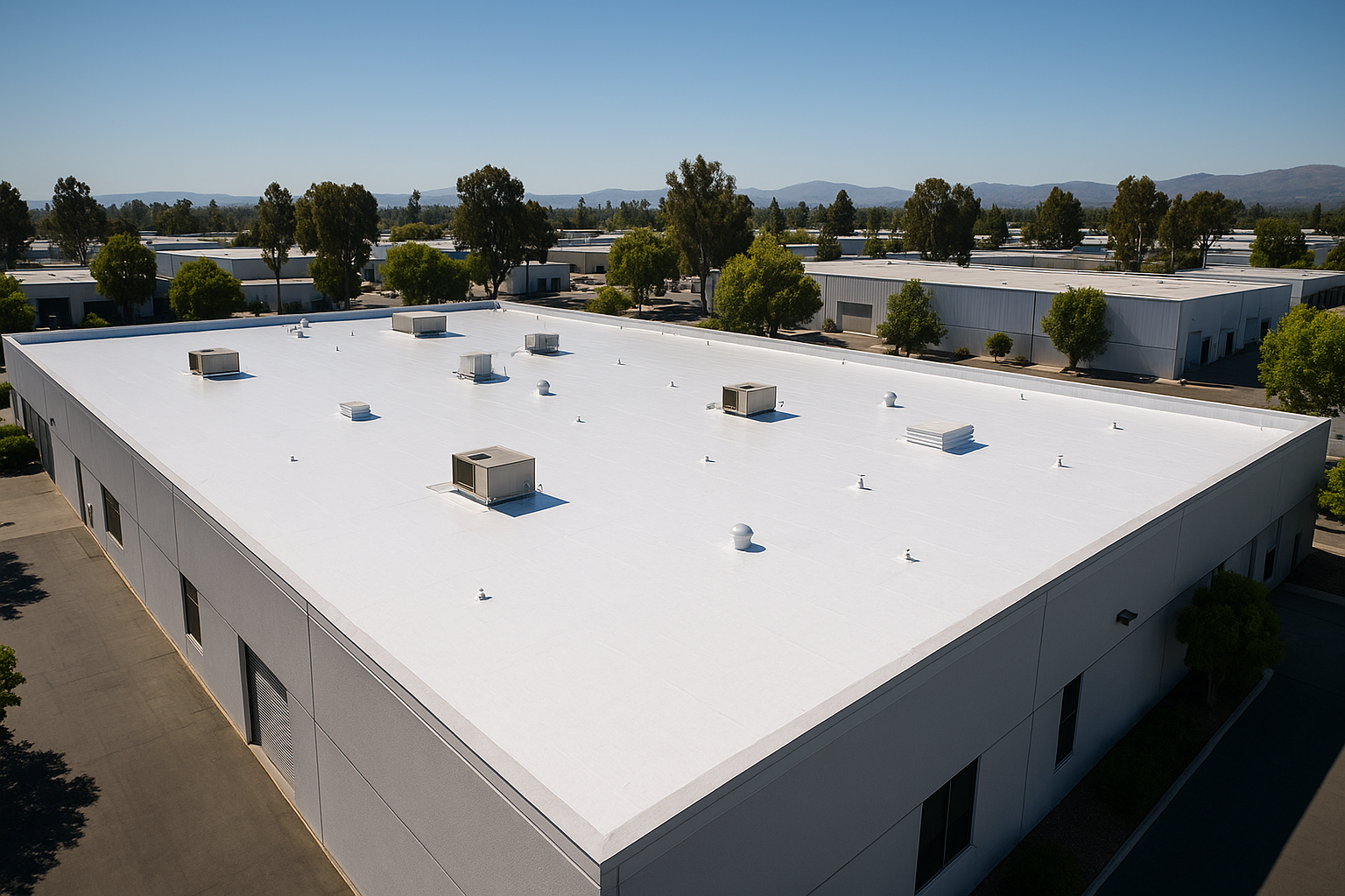 Aerial view of a large commercial building with a white reflective roof under the California sun