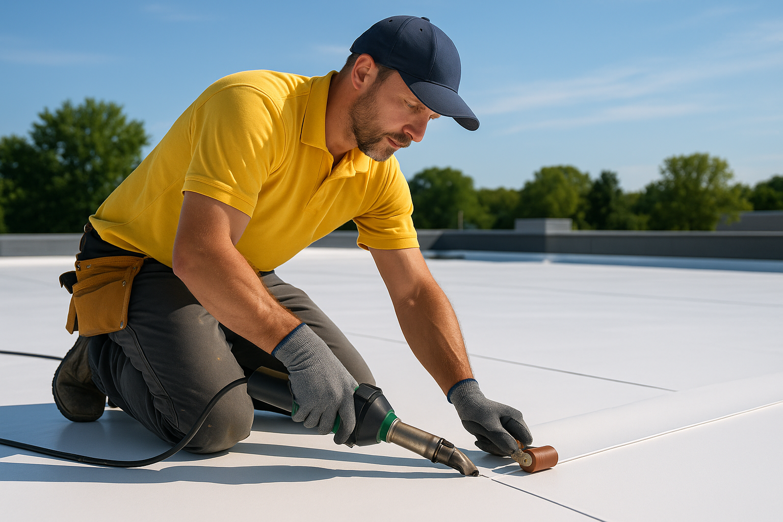 A professional roofer installing TPO membrane on a flat commercial roof on a sunny day
