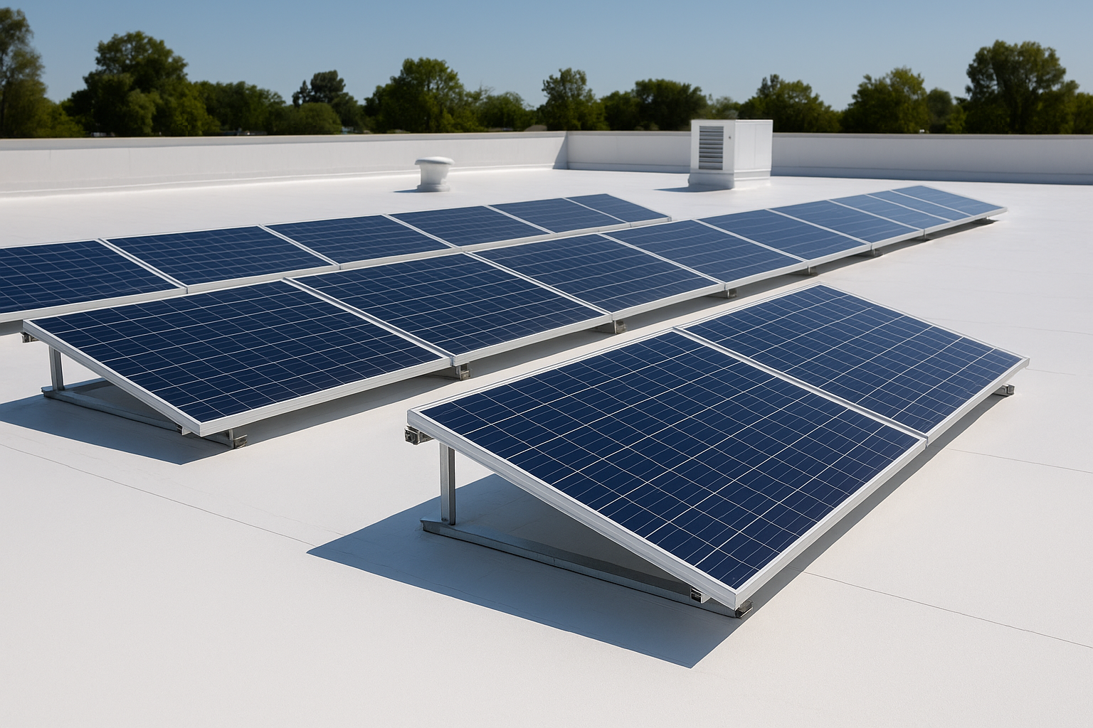 Close-up of a white reflective roof on a commercial building with solar panels installed