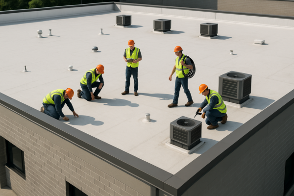 Aerial view of a commercial building with a large flat roof being inspected by a team of roofers