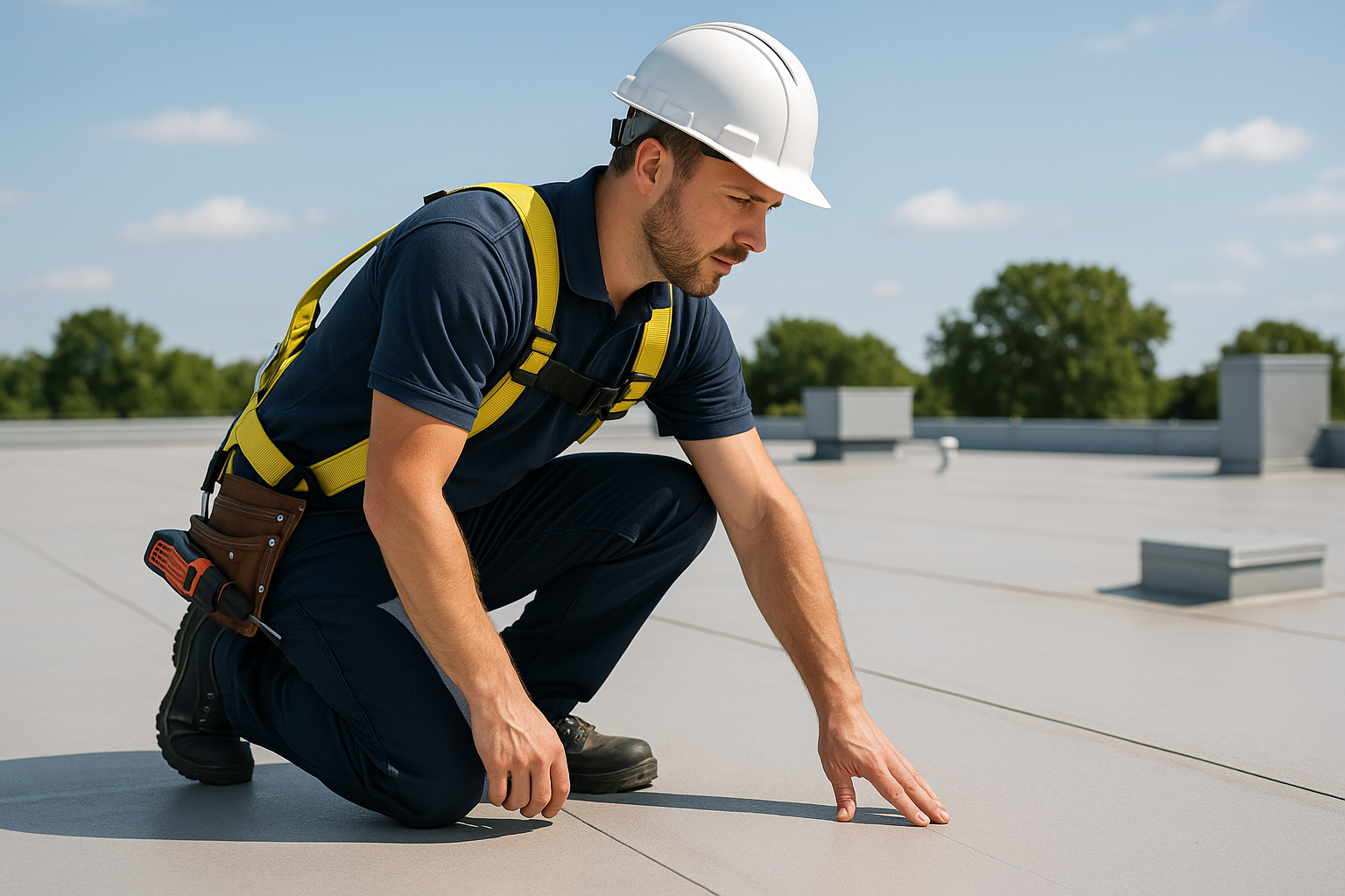 A professional roofer inspecting a flat commercial roof with safety harness and tools on a sunny day