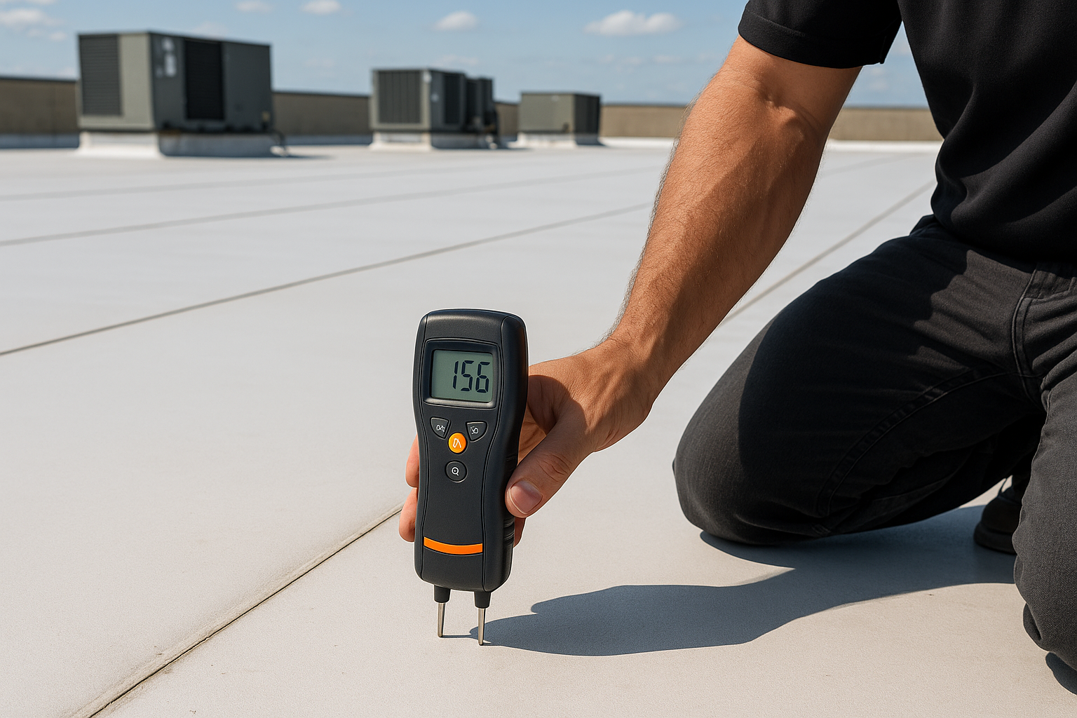 Close-up of a commercial roof with a visible moisture detection tool in use by a technician
