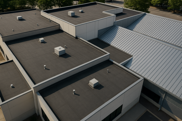 Aerial view of a large commercial building with multiple types of roofing materials, including flat roofing and metal panels