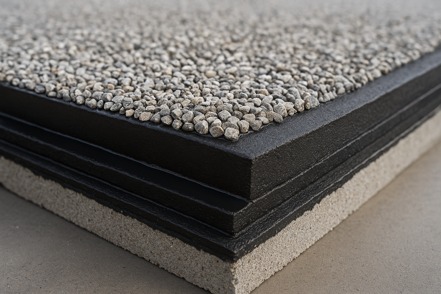 Close-up of a built-up roofing system with gravel and bitumen layers, showcasing its layered structure