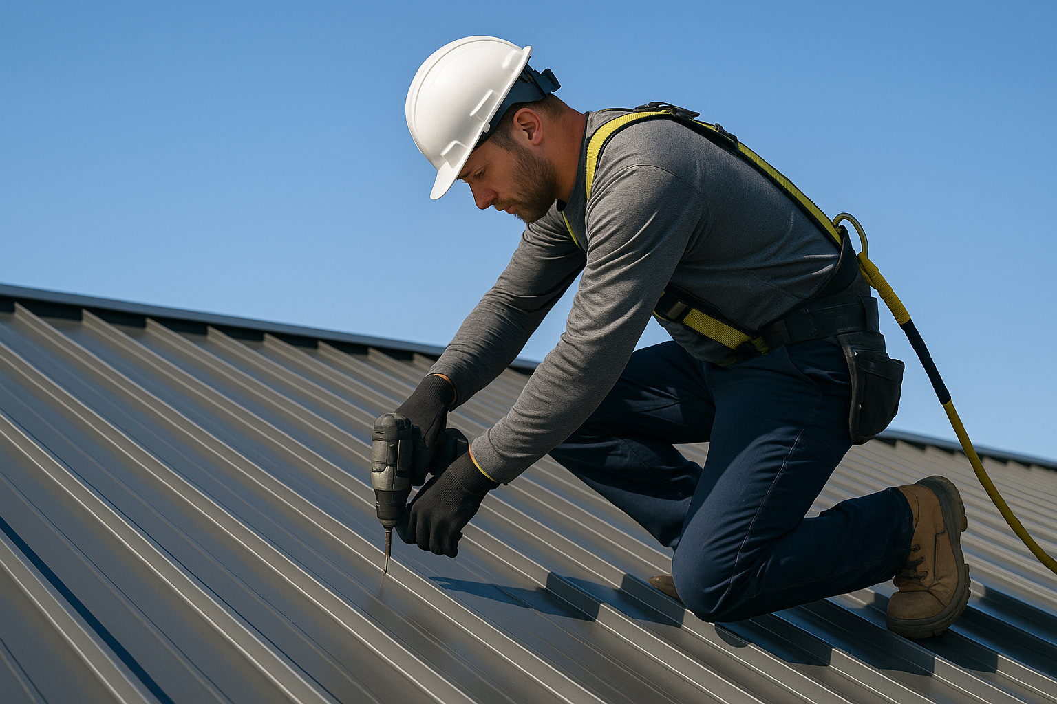 A professional roofer installing standing seam metal panels on a commercial roof with clear blue skies in the background