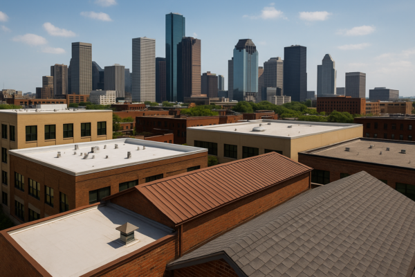 A city skyline with several commercial buildings having different types of roofing, showcasing diverse roofing materials