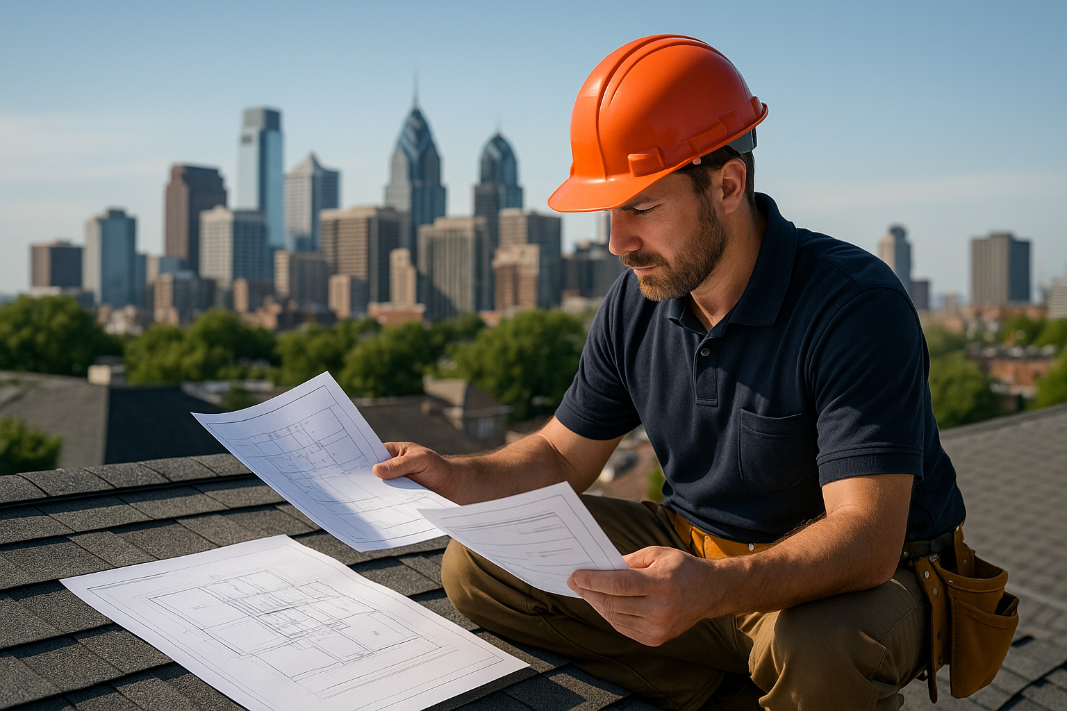 A professional roofer examining blueprints and permit documents on a rooftop with a view of a city skyline in the background