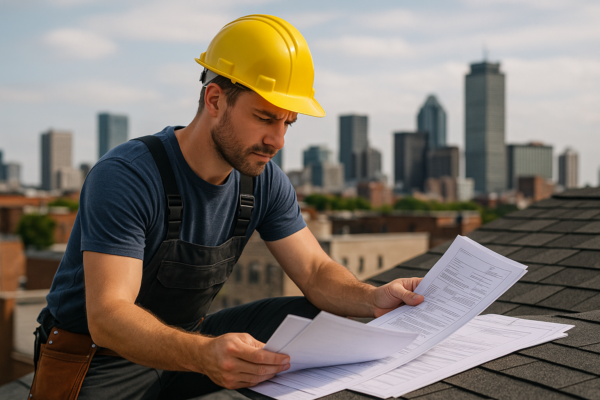 A professional roofer reviewing blueprints and compliance documents on a rooftop with a city skyline in the background