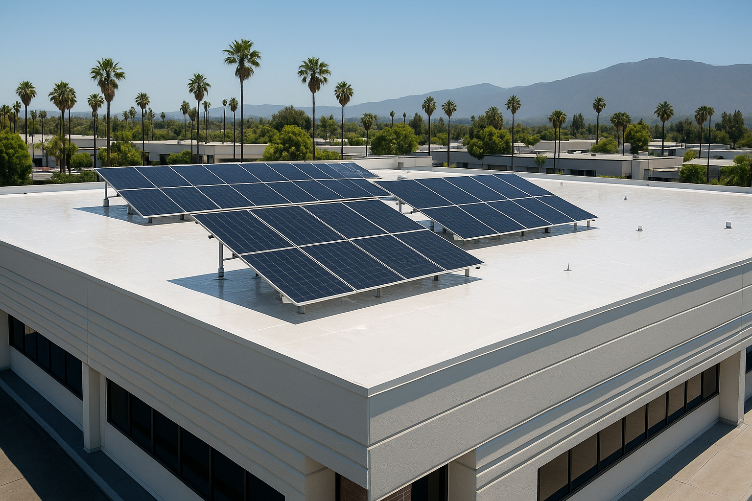 A commercial building in California showcasing solar panels and reflective roofing materials on a sunny day