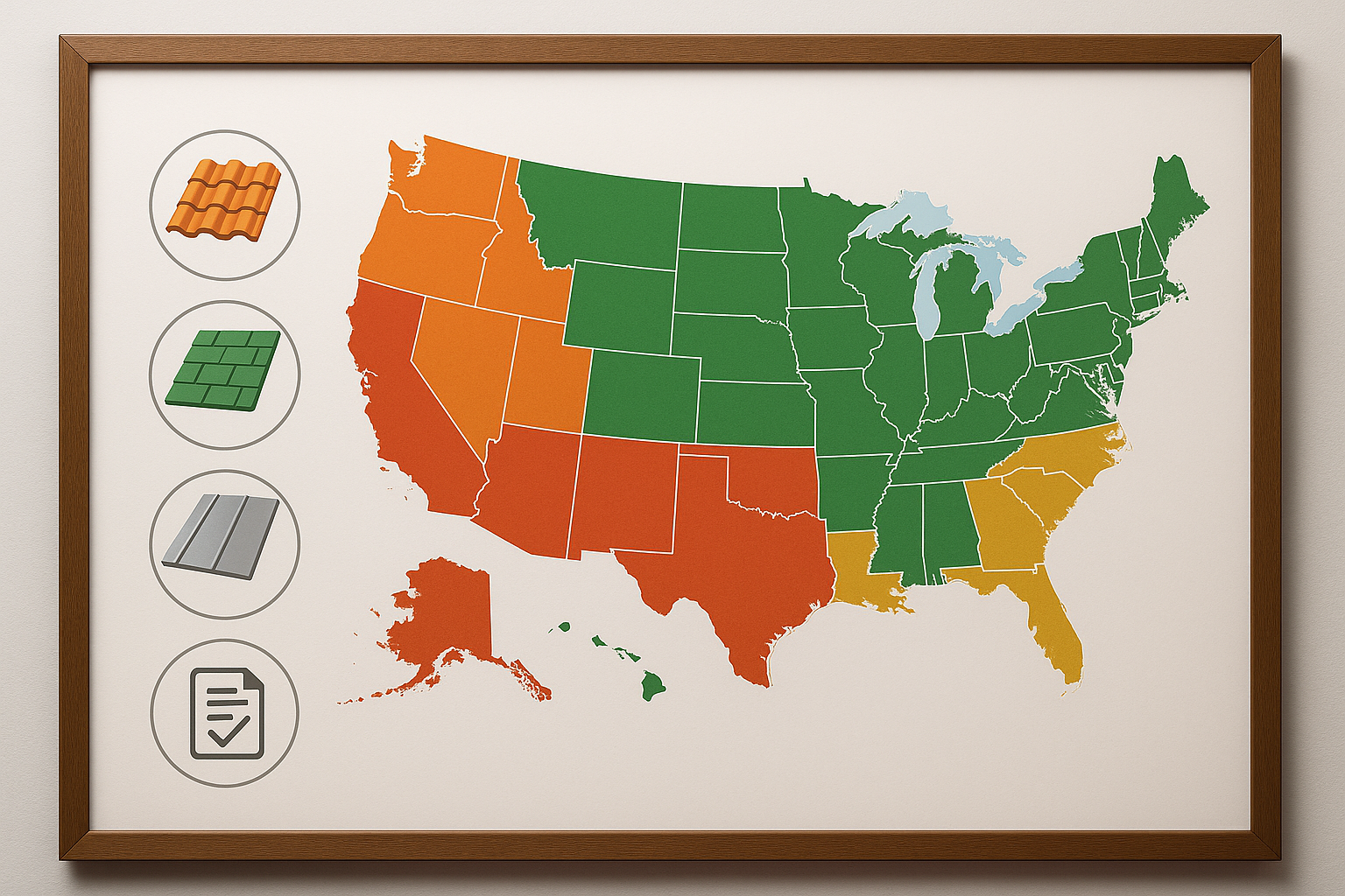 An infographic showing various climate zones in the United States with corresponding recommended roofing materials and regulatory requirements