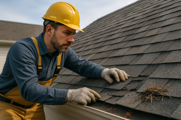A professional roofer inspecting a sloped roof, with a focus on identifying potential problem areas like missing shingles and debris.
