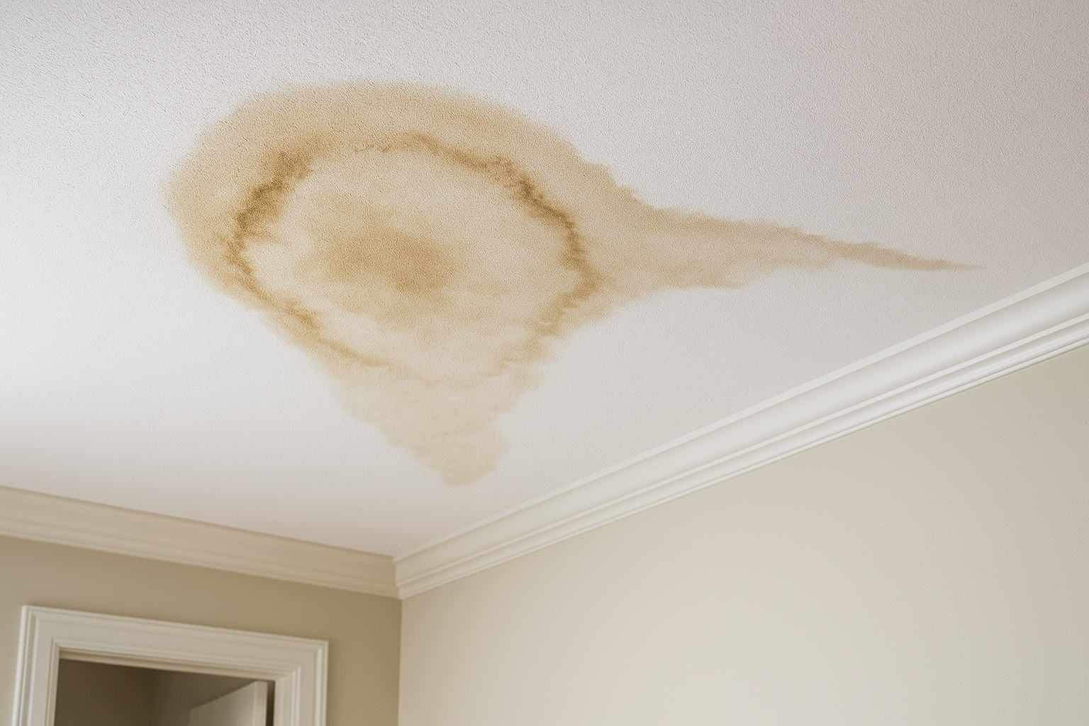 Close-up of a water-stained ceiling in a home, indicating a roof leak from above.