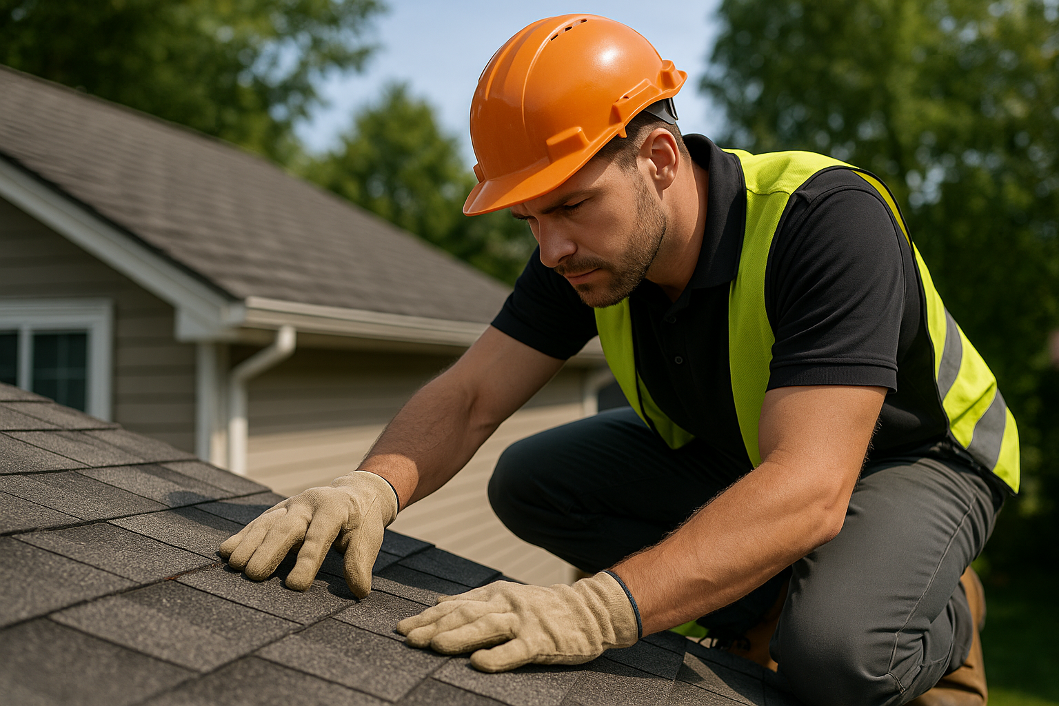 A roofing professional carefully examining shingles on a residential roof, looking for damage or signs of wear.