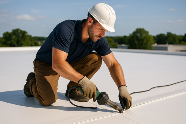 A professional roofer installing TPO membrane on a flat commercial roof on a sunny day