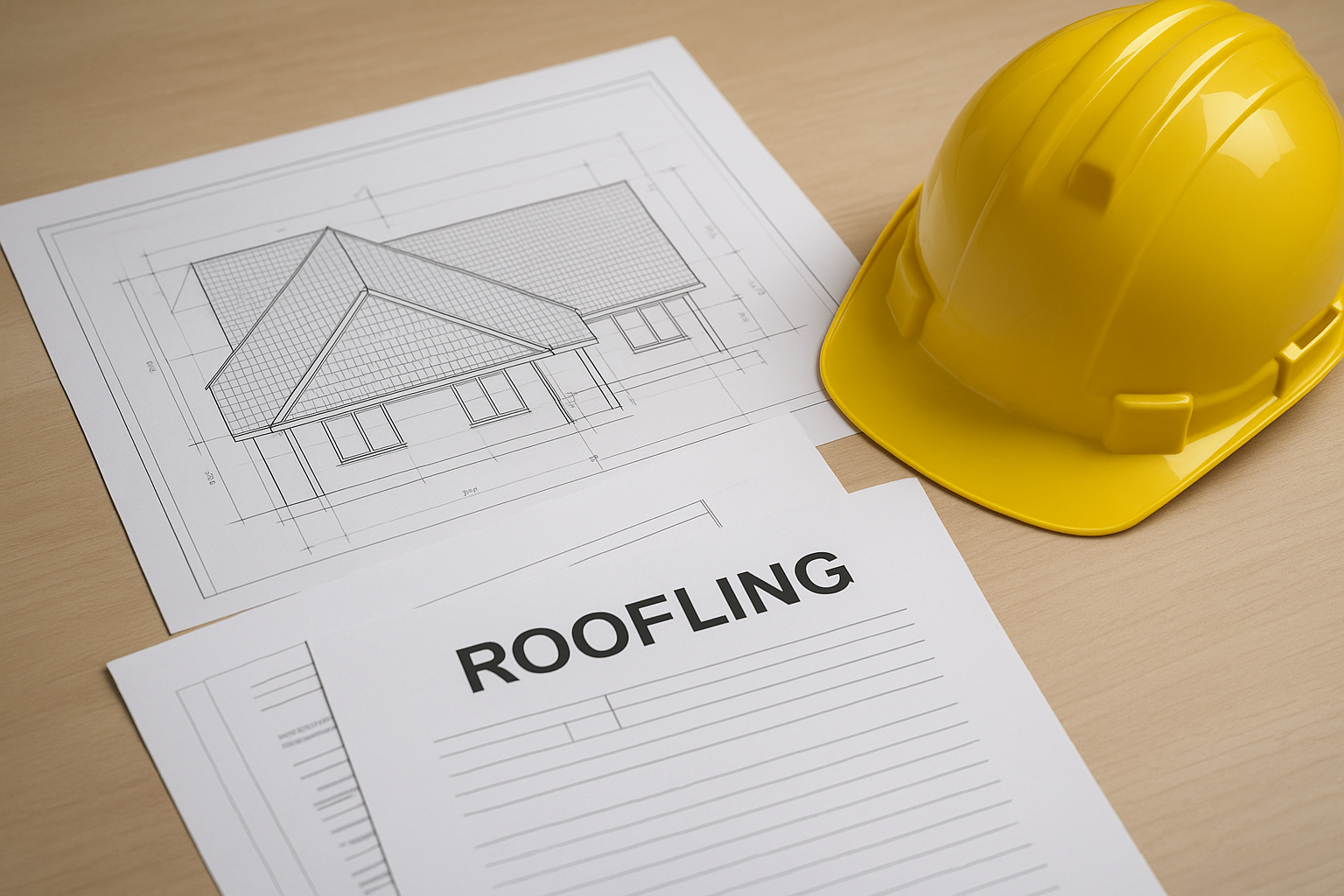 Close-up of detailed roofing plans and compliance documents on a table with a contractor's hard hat beside them