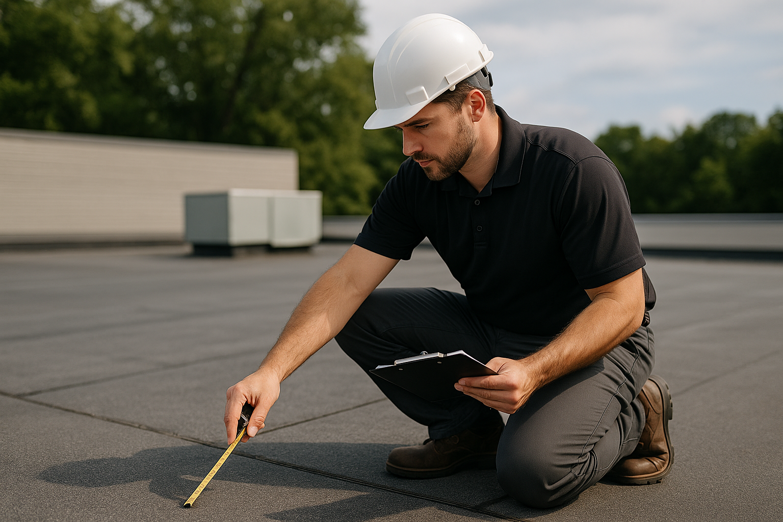 A skilled contractor conducting a detailed roof inspection on a commercial building with a clipboard and measuring tools
