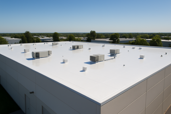 Aerial view of a large commercial building with a reflective cool roof under clear blue skies