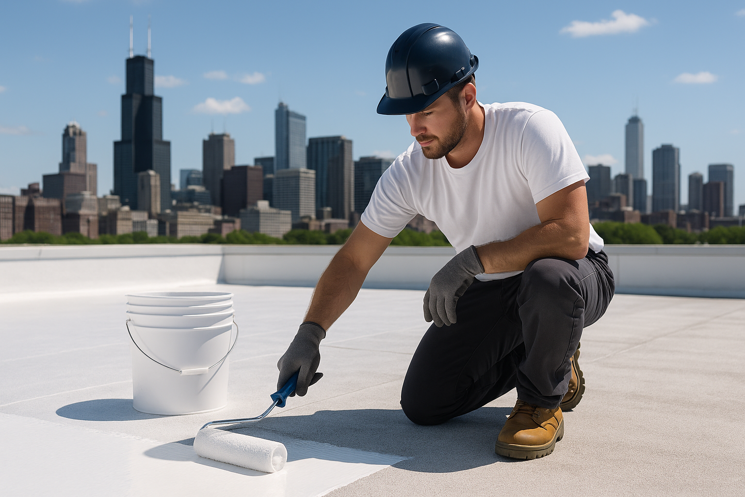 A professional roofer applying a reflective roof coating on a commercial rooftop, with a city skyline in the background