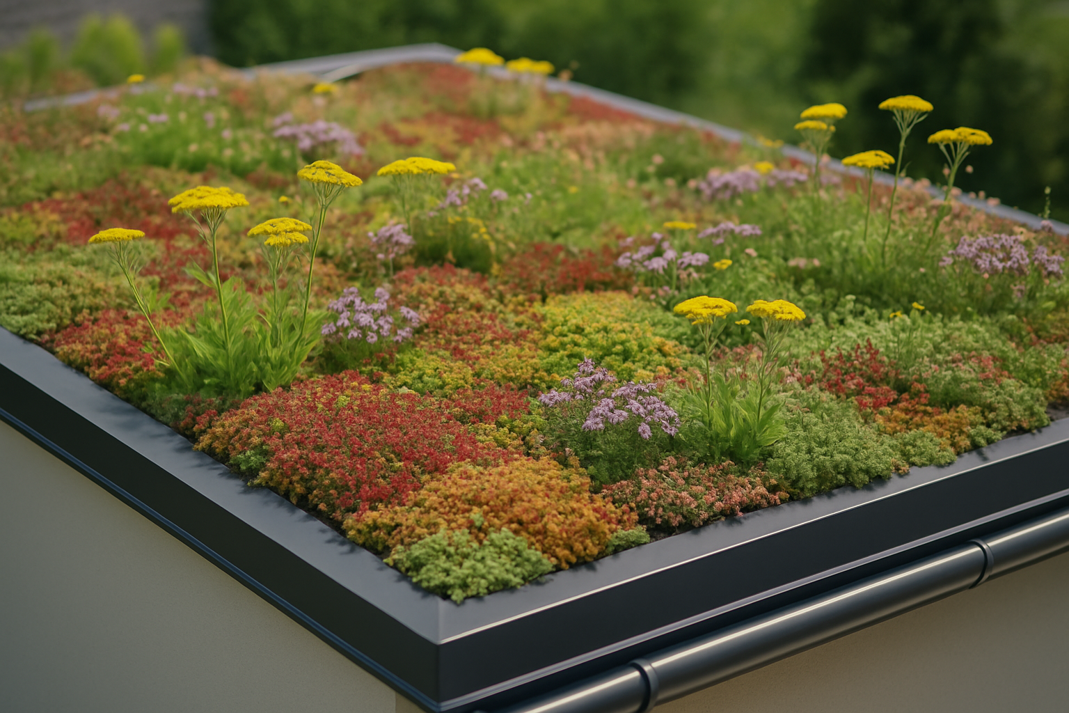 Close-up of a green roof with various plants and flowers, showing the natural insulation and aesthetic appeal