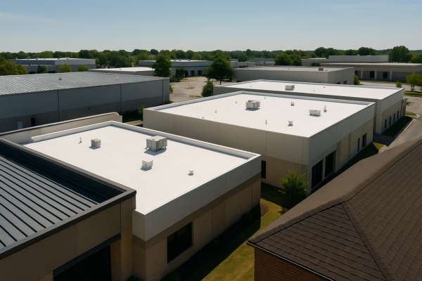 Aerial view of various commercial buildings with distinct roofing materials like metal, TPO, and asphalt, under sunny skies