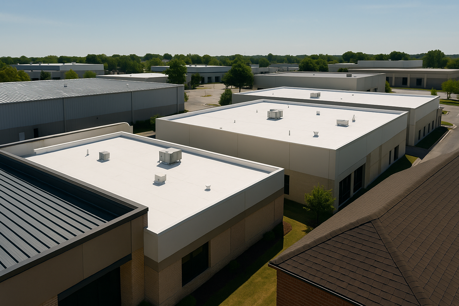 Aerial view of various commercial buildings with distinct roofing materials like metal, TPO, and asphalt, under sunny skies