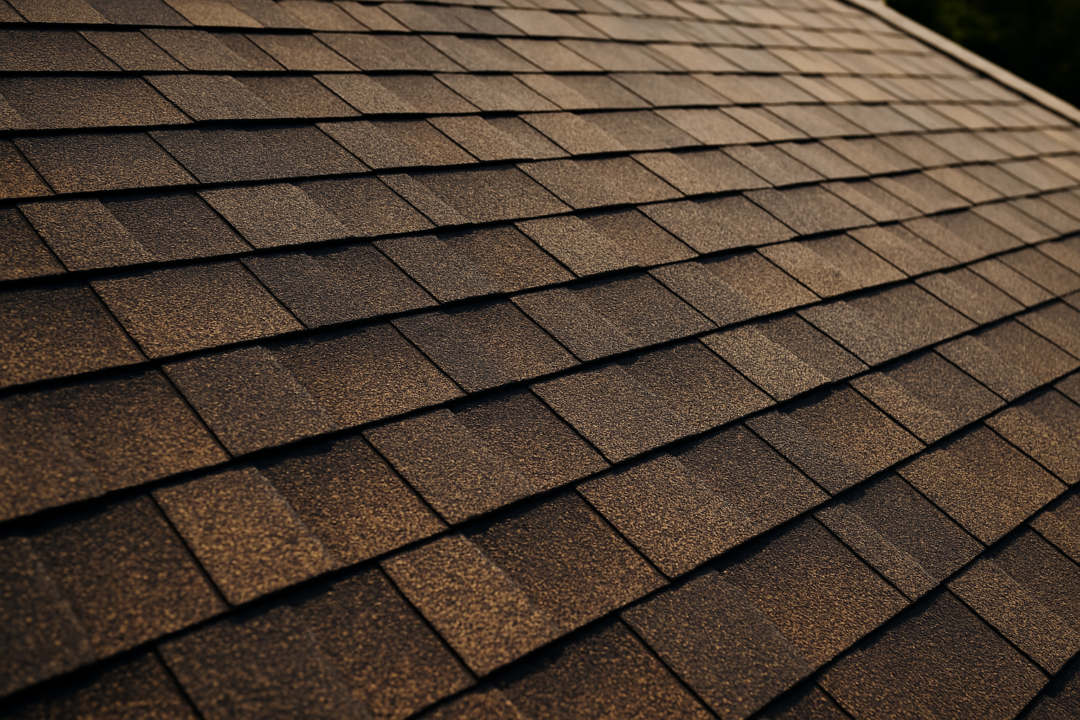 Close-up of a roof with asphalt shingles, showing texture and color variation under bright sunlight