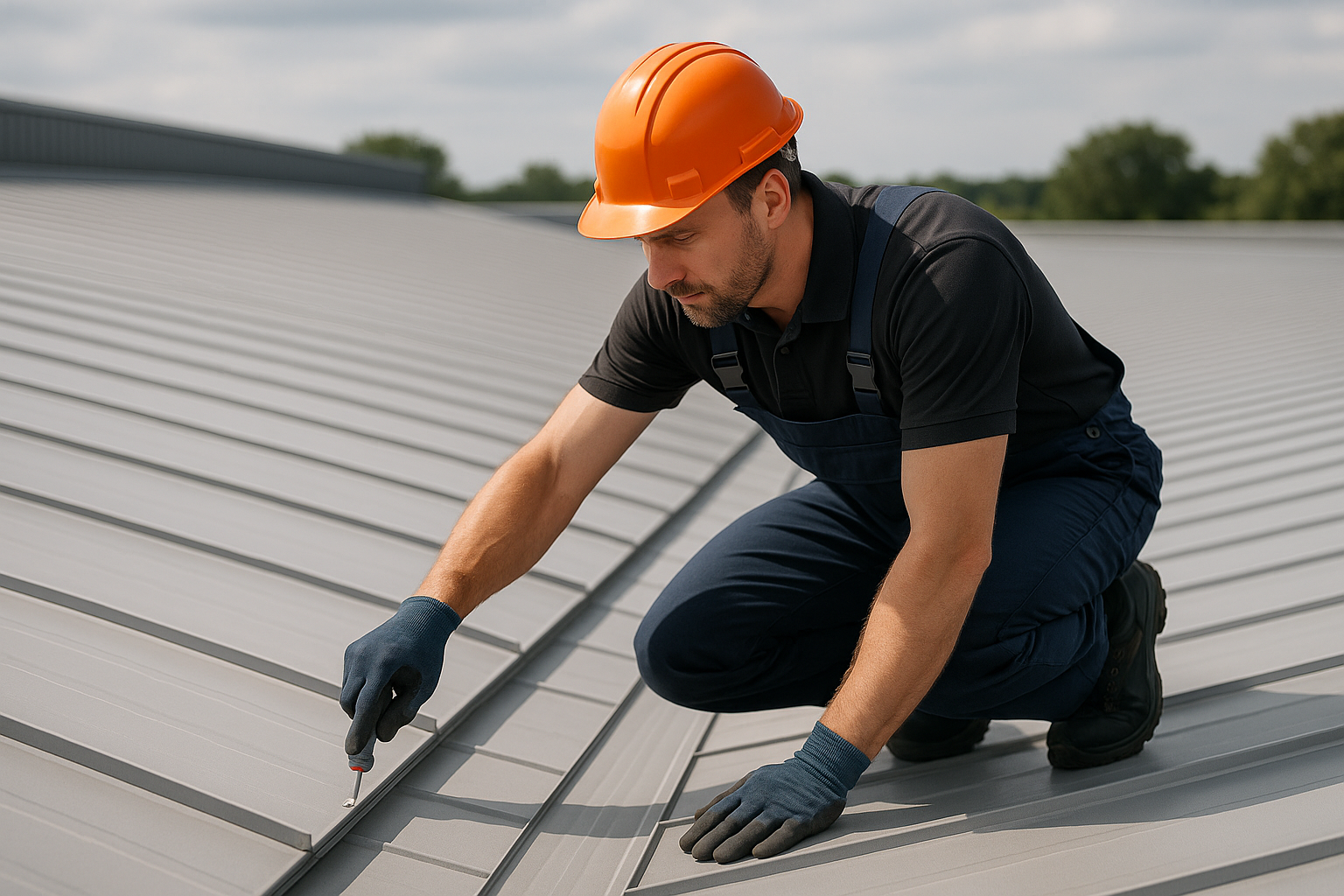 Professional roofer performing maintenance on a commercial metal roof, demonstrating longevity and care