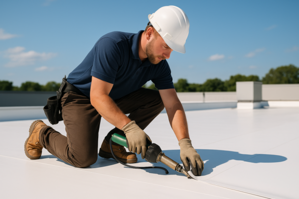 A professional roofer installing TPO membrane on a flat commercial roof on a sunny day