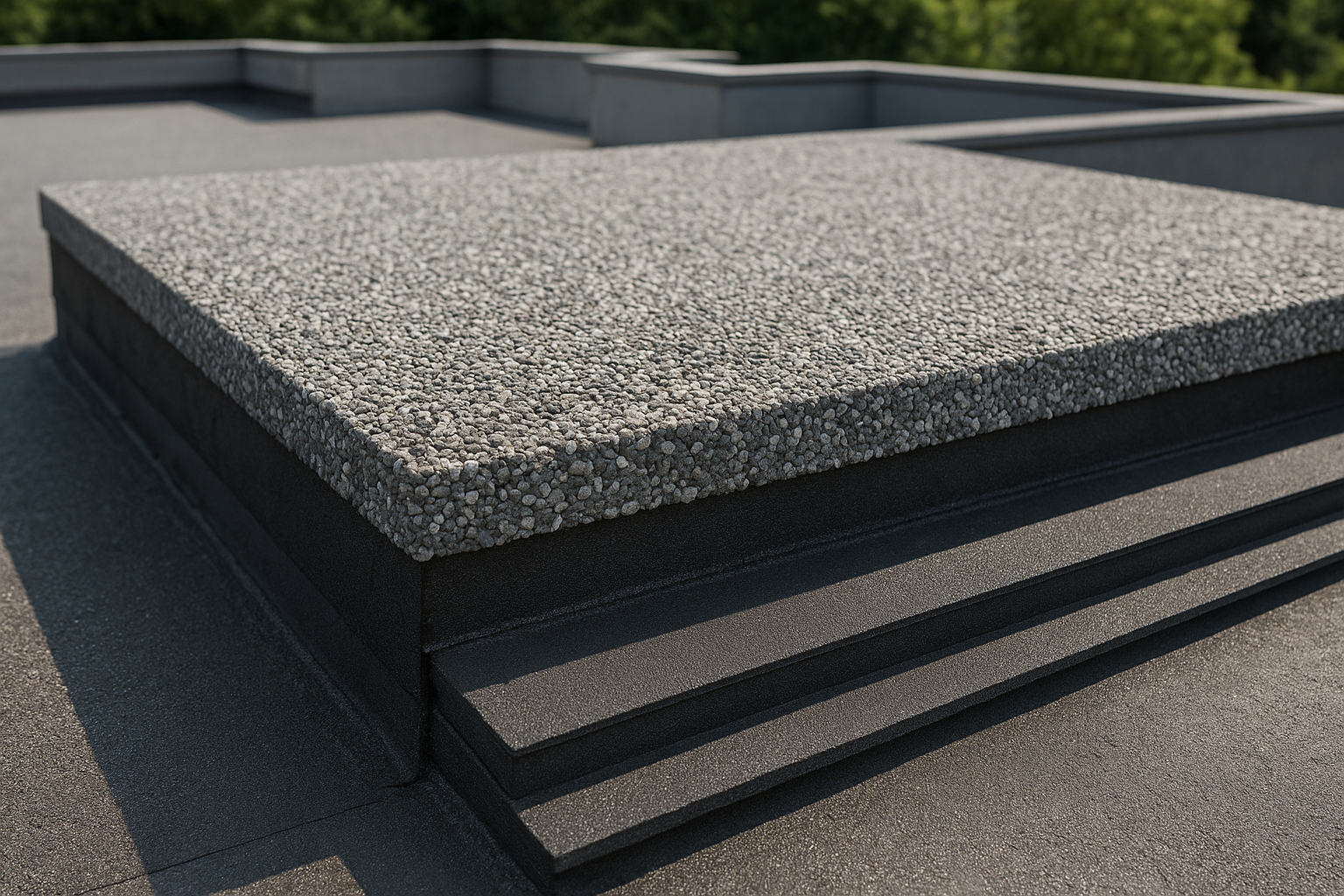 A flat roof with a built-up roofing system, showcasing the layered construction and gravel top layer