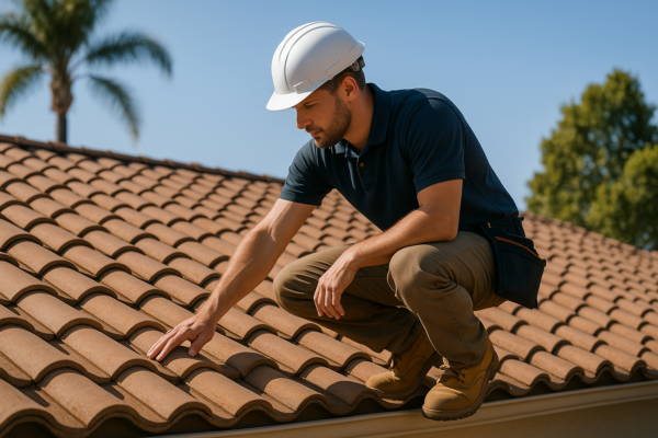 A professional roofer assessing a tile roof for potential repairs on a sunny Californian day