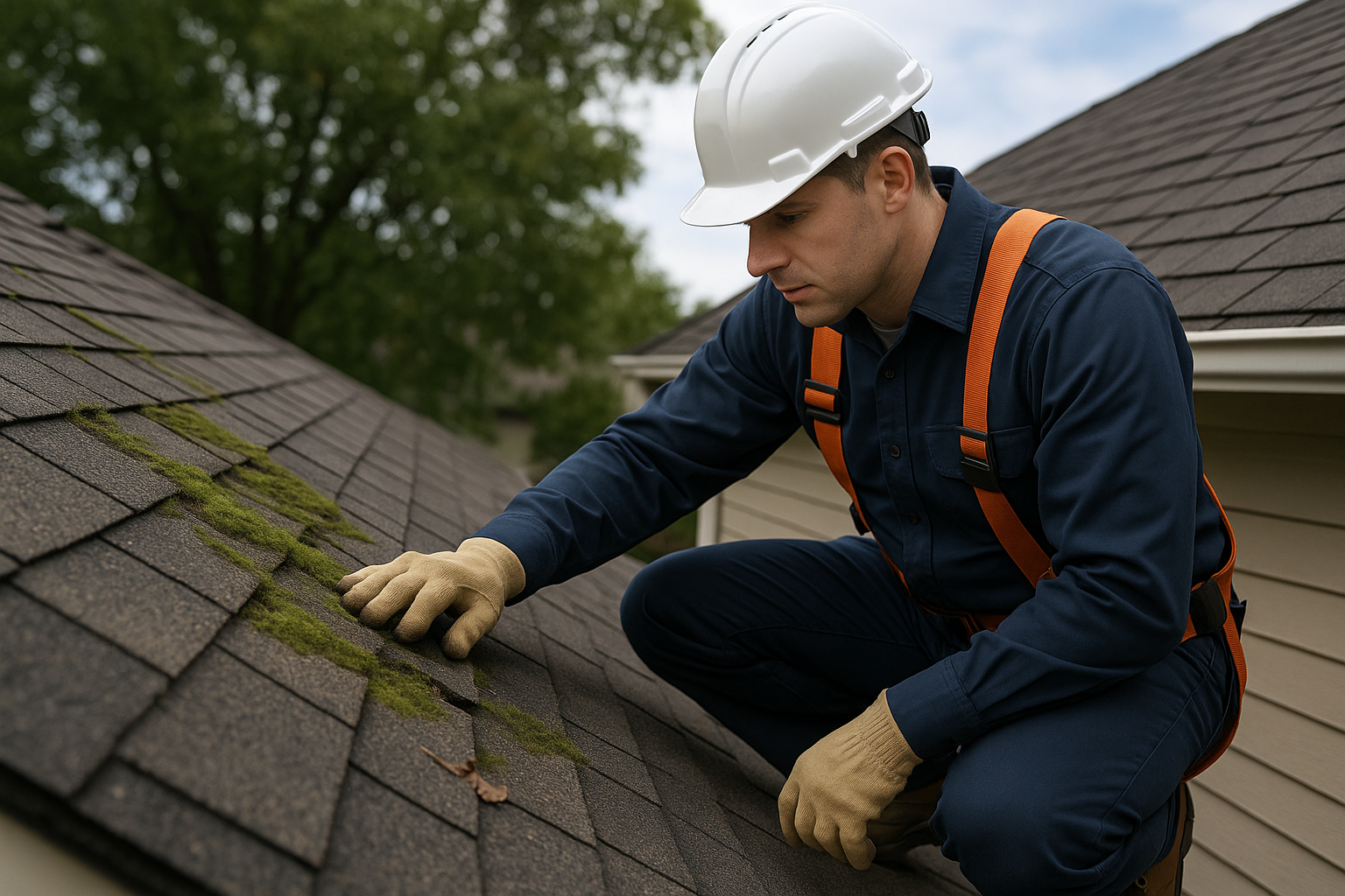 A roofer inspecting an asphalt roof with visible moss growth and minor shingle damage