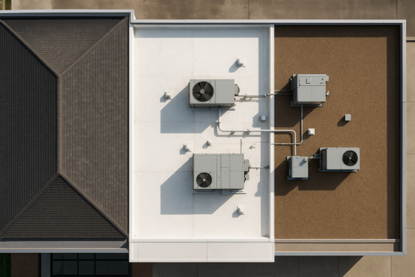 Aerial view of a large commercial building with a mix of different roofing materials and HVAC units on top