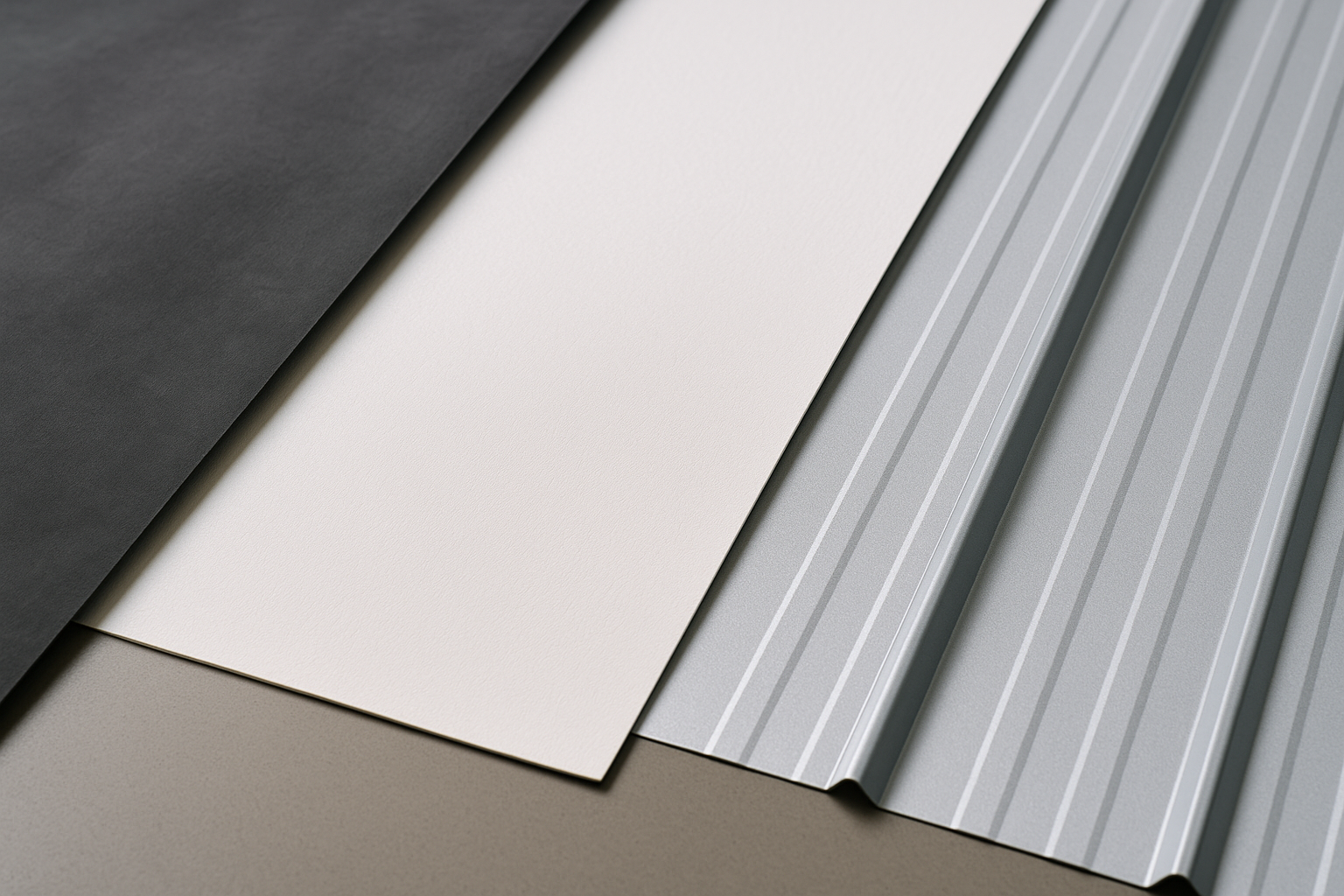Close-up of various commercial roofing materials, including EPDM, TPO, and metal, lined up for comparison
