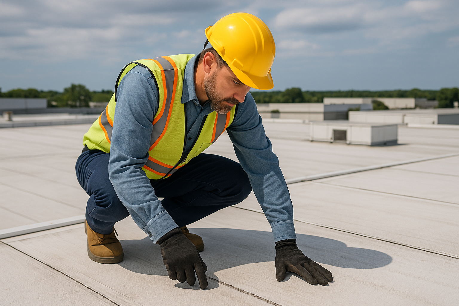 Professional roofer conducting maintenance on a large commercial roof, inspecting for damage and checking the integrity of the materials