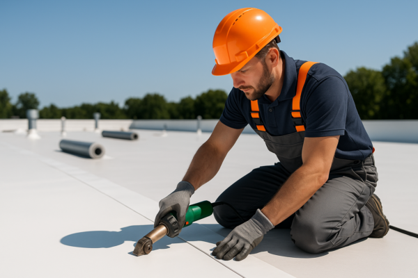 A professional roofer installing TPO membrane on a flat commercial roof on a sunny day